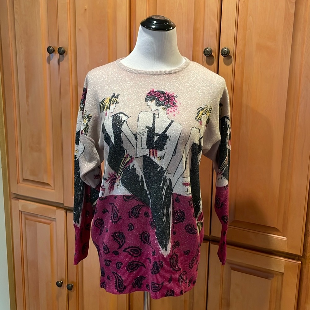 Vintage Vibe Art Deco Albee Sparkly Ladies and Paisley Pattern Sweater Size S